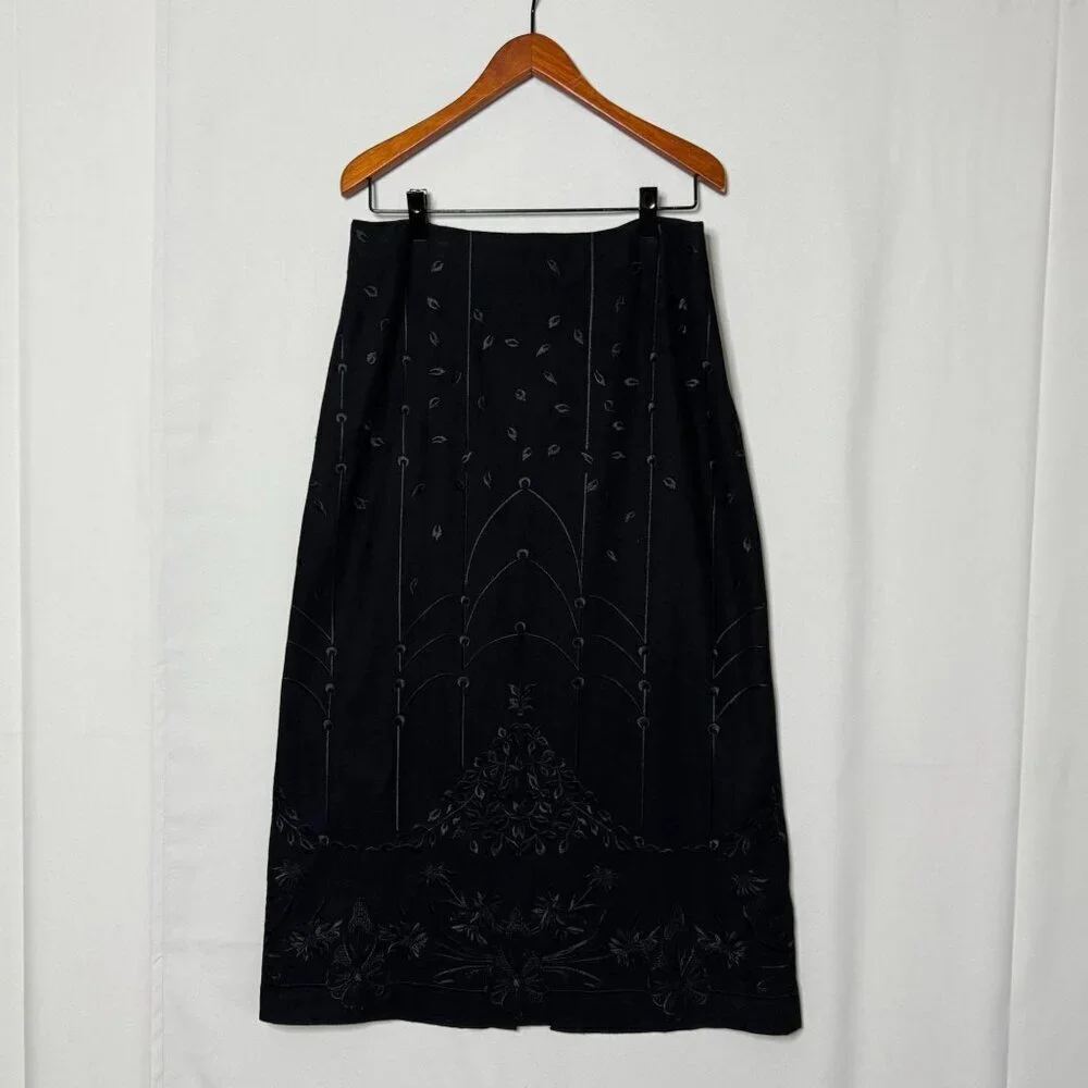 Talbots Petite Black Wool Blend Embroidered A Line‎ Pencil Maxi Skirt Size 12 P